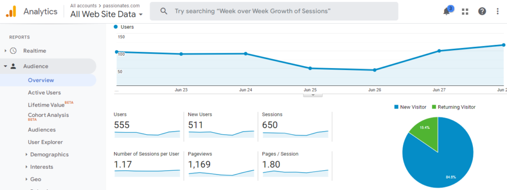 Screenshot of Google Analytics webpage