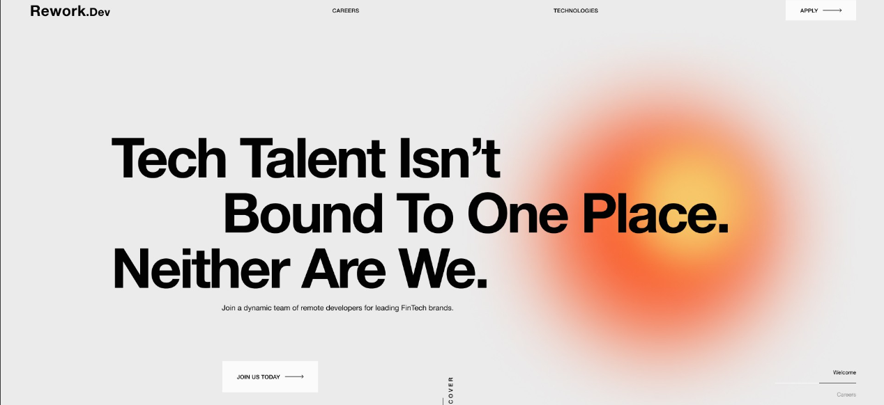 Website screenshot with white background, orange sphere and black text