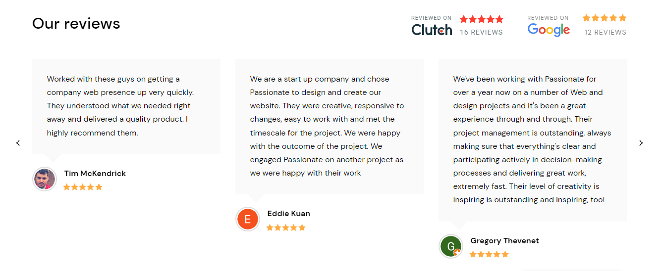 Screenshot of reviews page