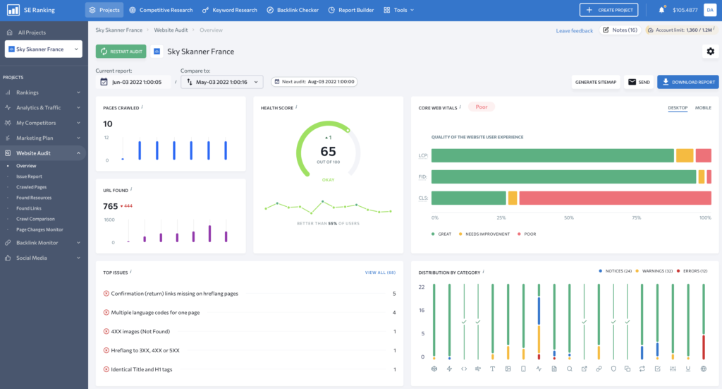 SE Ranking is an all-in-one SEO tool that offers features like rank tracking, site audits, backlink monitoring, and competitor analysis.