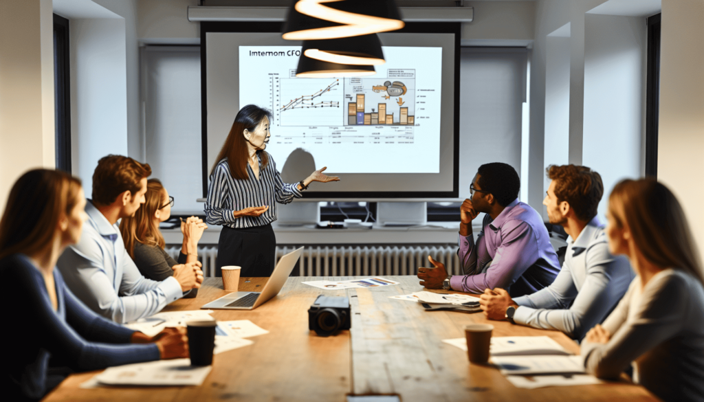 Interim CFO presenting financial model to startup founders